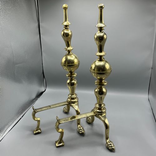 LARGE VICTORIAN BRASS FIRE DOGS WITH LION PAW FEET - ADDITIONAL PHOTO 19