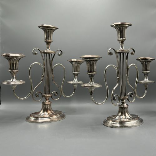 PAIR GEORGIAN OLD SHEFFIELD PLATE LYRESHAPED 3LIGHT CANDELABRA