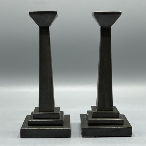PAIR ART DECO ENGLISH PEWTER CANDLESTICKS - ADDITIONAL PHOTO 1