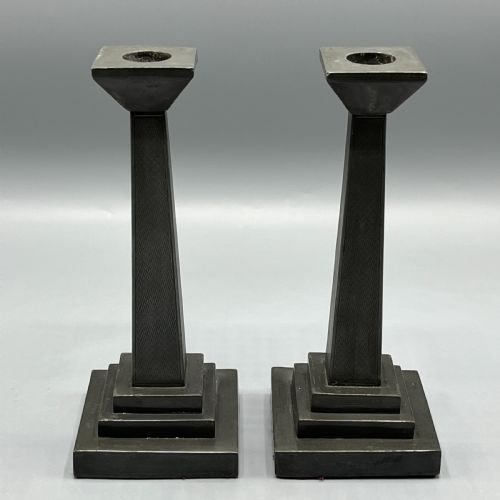 PAIR ART DECO ENGLISH PEWTER CANDLESTICKS - ADDITIONAL PHOTO 2