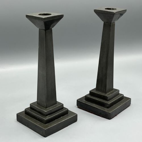 PAIR ART DECO ENGLISH PEWTER CANDLESTICKS - ADDITIONAL PHOTO 3
