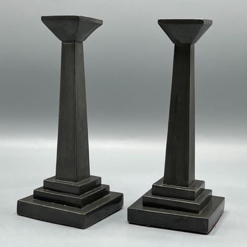 PAIR ART DECO ENGLISH PEWTER CANDLESTICKS - ADDITIONAL PHOTO 4