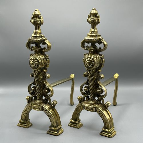 LARGE VICTORIAN SOLID BRASS FIRE DOGS ANDIRONS