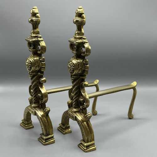 LARGE VICTORIAN SOLID BRASS FIRE DOGS ANDIRONS - ADDITIONAL PHOTO 2