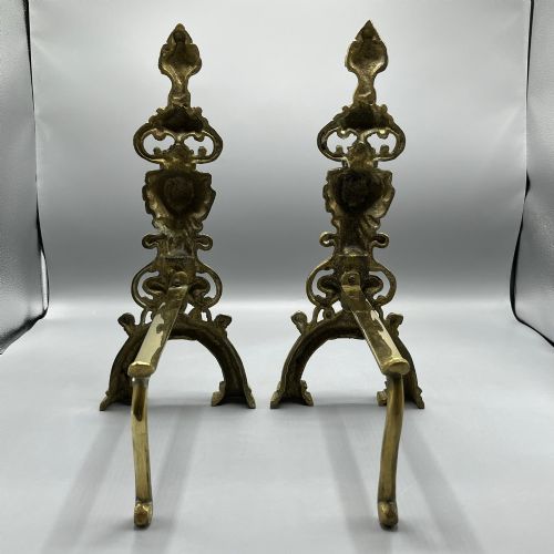 LARGE VICTORIAN SOLID BRASS FIRE DOGS ANDIRONS - ADDITIONAL PHOTO 14