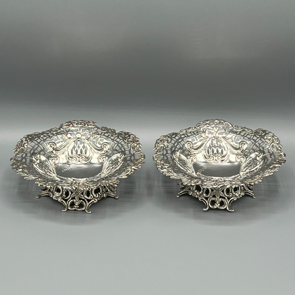 Pair Solid Sterling Silver Bon Bon Dishes Heavy Gauge