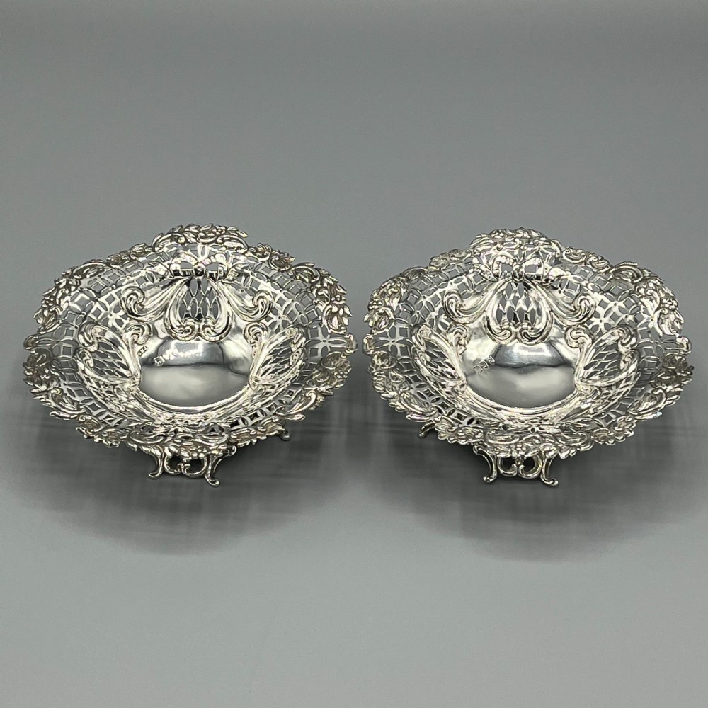Pair Solid Sterling Silver Bon Bon Dishes Heavy Gauge View III