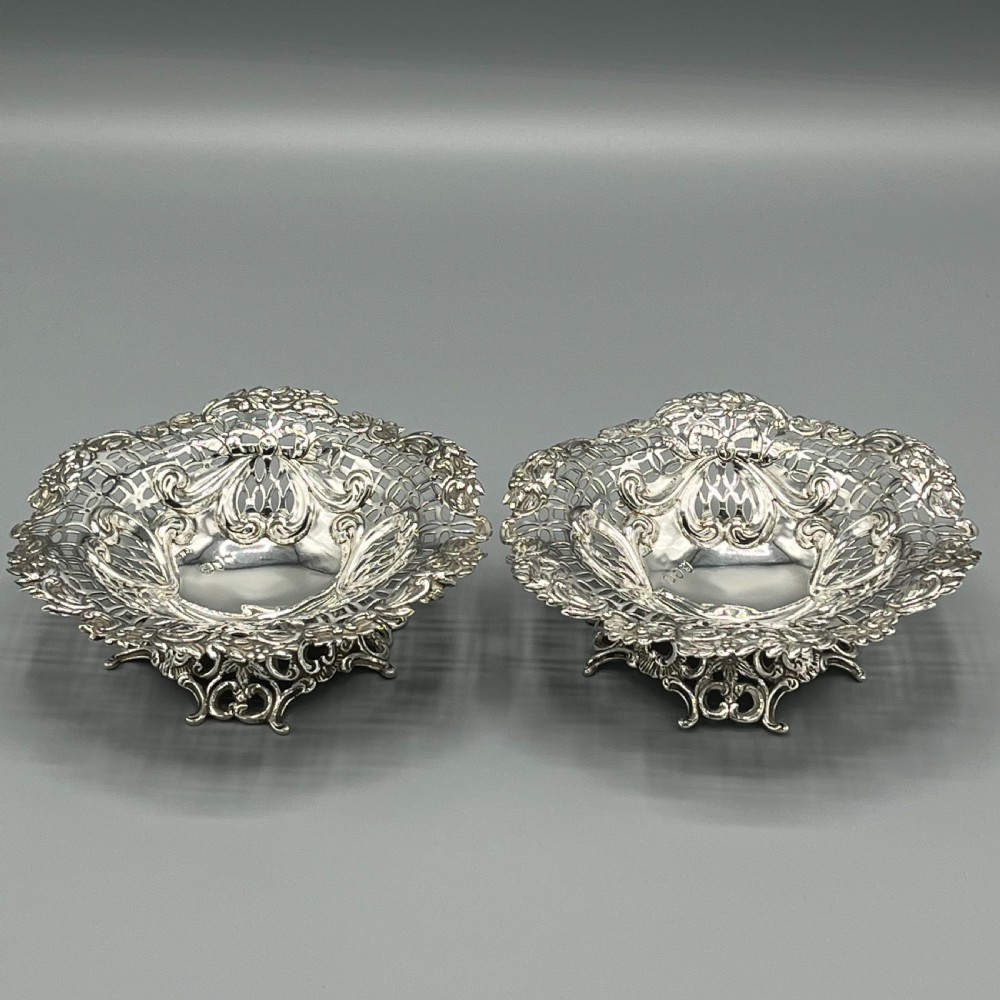 Pair Solid Sterling Silver Bon Bon Dishes Heavy Gauge View IV