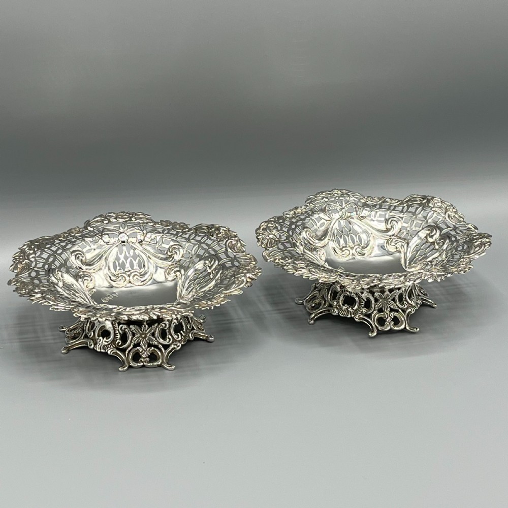 Pair Solid Sterling Silver Bon Bon Dishes Heavy Gauge View XIV