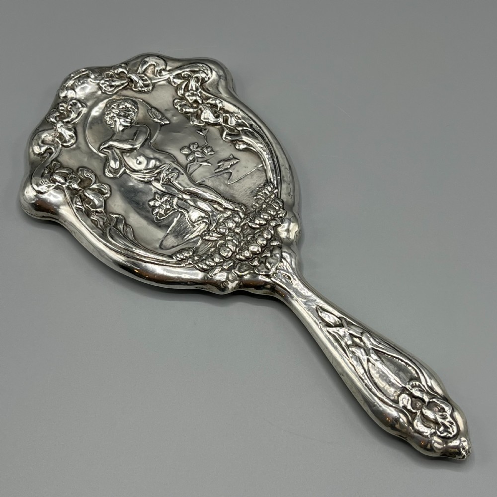 Art Nouveau Sterling Silver Hand Mirror Repousse Cherub Hallmarked Birmingham 1909