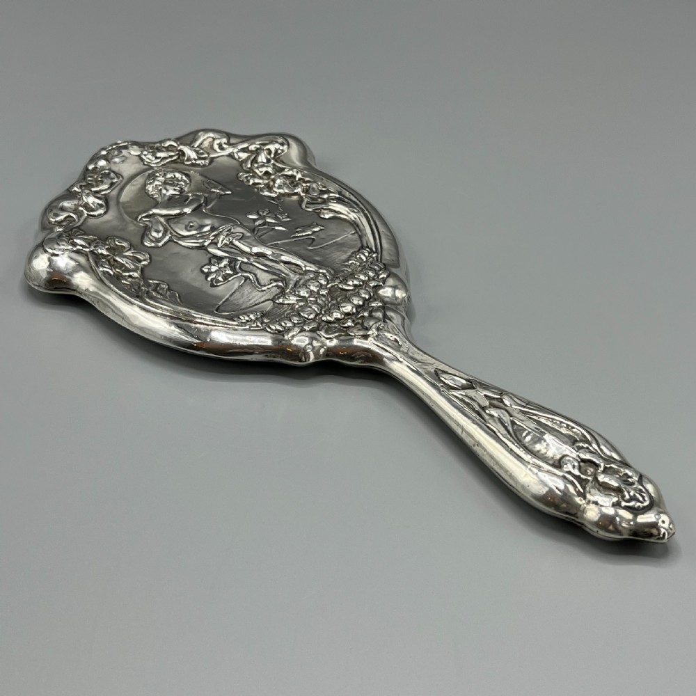 Art Nouveau Sterling Silver Hand Mirror Repousse Cherub Hallmarked Birmingham 1909 View II