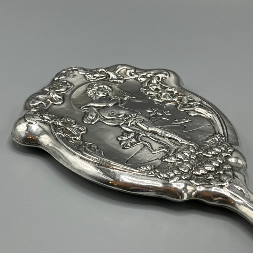 Art Nouveau Sterling Silver Hand Mirror Repousse Cherub Hallmarked Birmingham 1909 View III