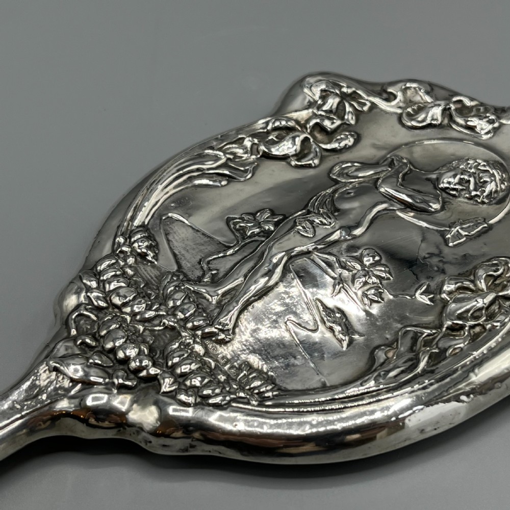 Art Nouveau Sterling Silver Hand Mirror Repousse Cherub Hallmarked Birmingham 1909 View VI