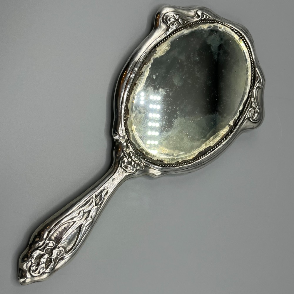 Art Nouveau Sterling Silver Hand Mirror Repousse Cherub Hallmarked Birmingham 1909 View IX