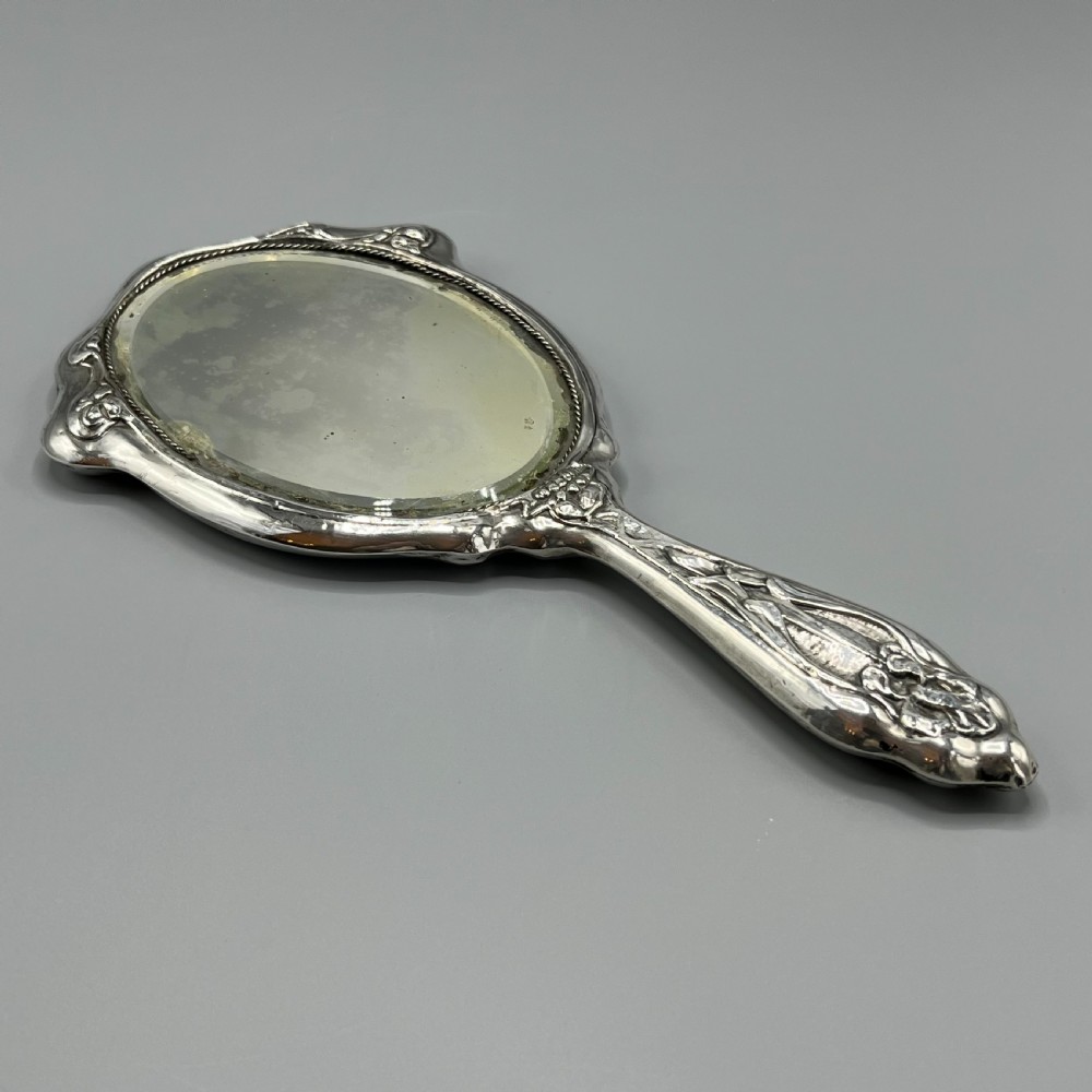 Art Nouveau Sterling Silver Hand Mirror Repousse Cherub Hallmarked Birmingham 1909 View X