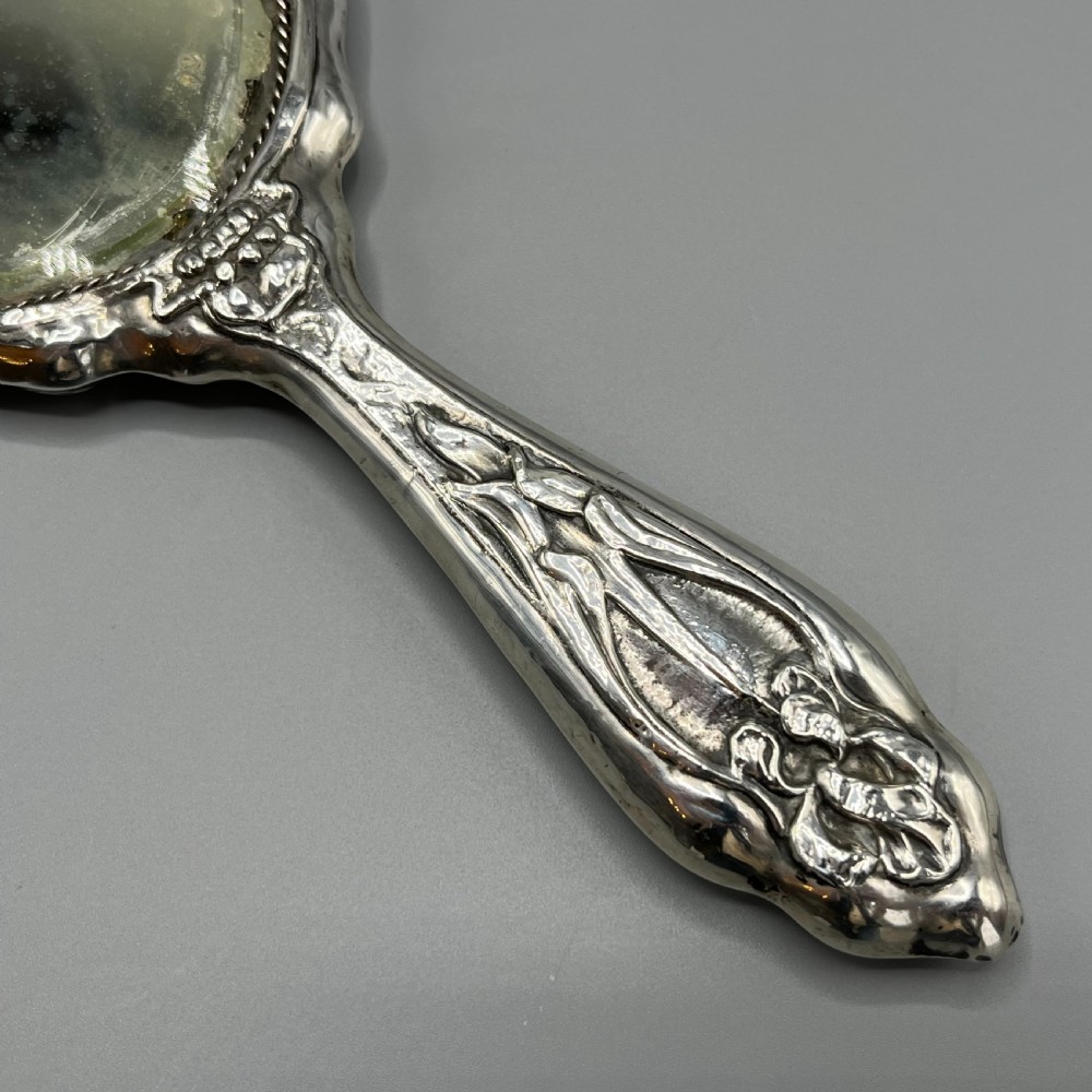 Art Nouveau Sterling Silver Hand Mirror Repousse Cherub Hallmarked Birmingham 1909 View XI