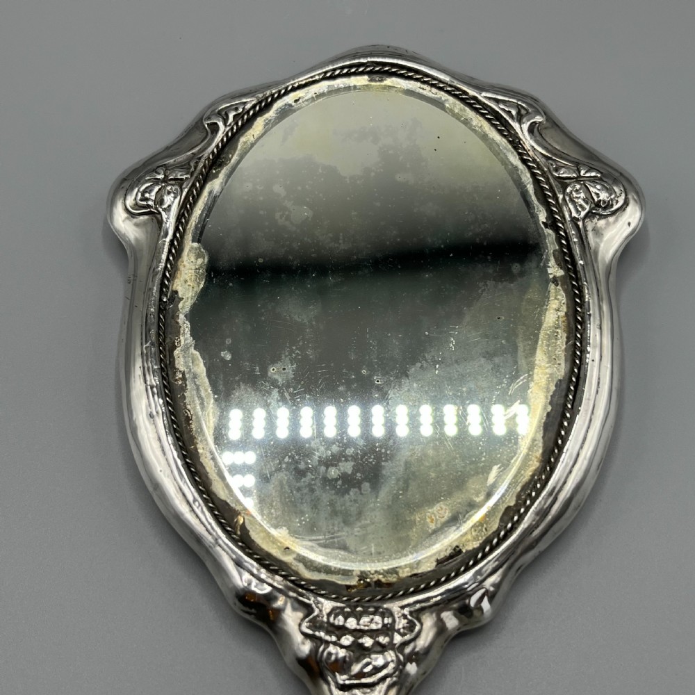 Art Nouveau Sterling Silver Hand Mirror Repousse Cherub Hallmarked Birmingham 1909 View XIII