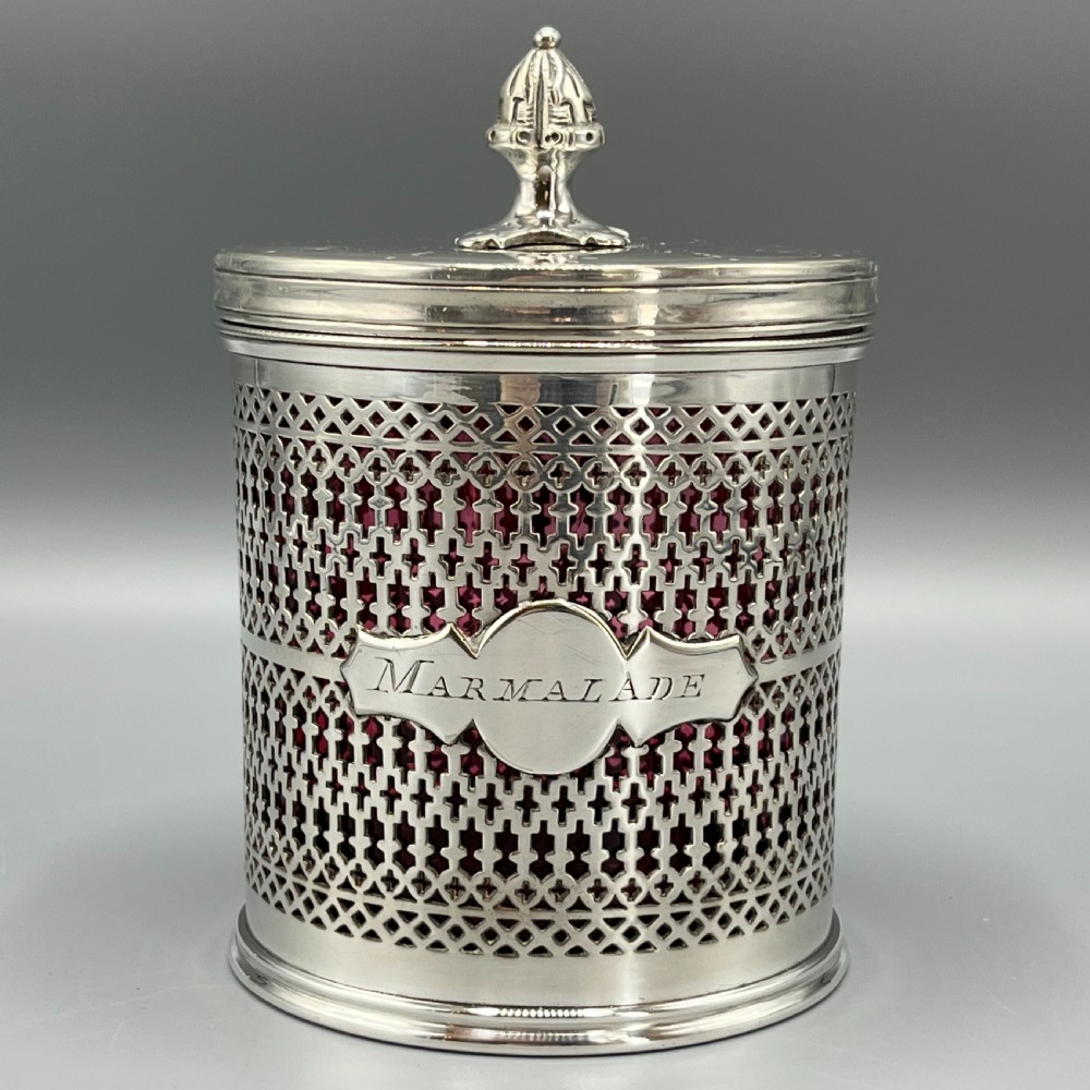 Edwardian Quality Silver Plated Marmalade Preserve Pot with Cranberry Glass Liner