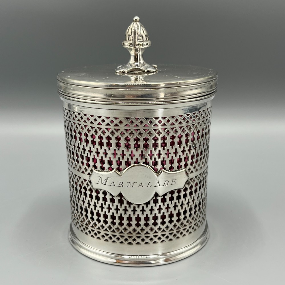Edwardian Quality Silver Plated Marmalade Preserve Pot with Cranberry Glass Liner View II