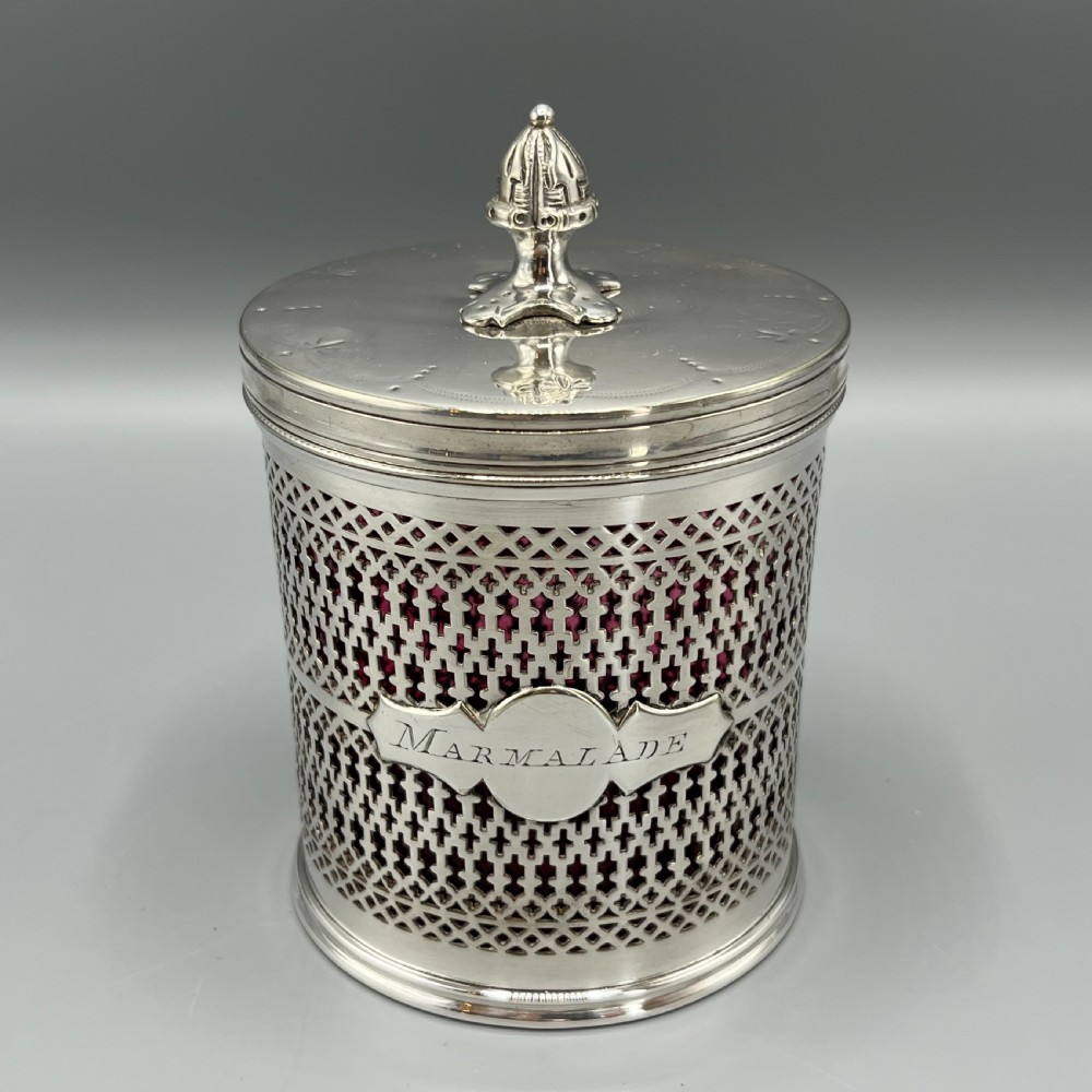 Edwardian Quality Silver Plated Marmalade Preserve Pot with Cranberry Glass Liner View III