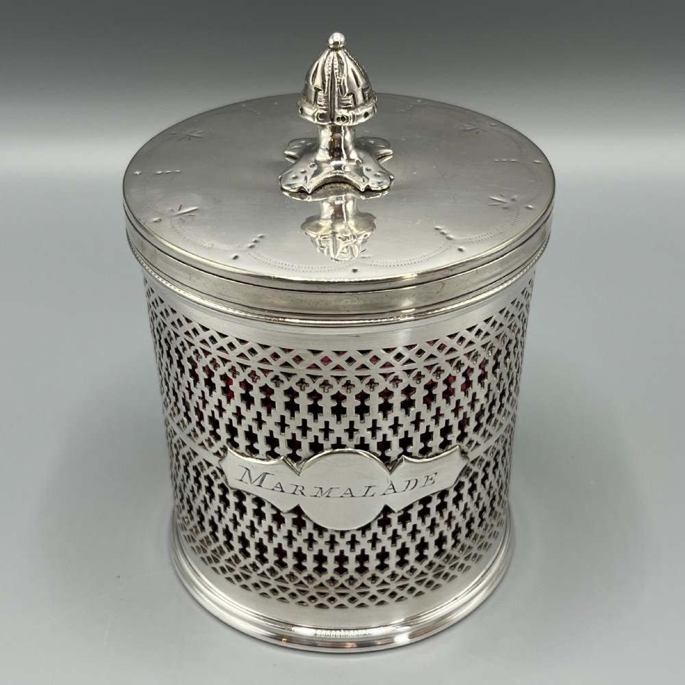 Edwardian Quality Silver Plated Marmalade Preserve Pot with Cranberry Glass Liner View IV