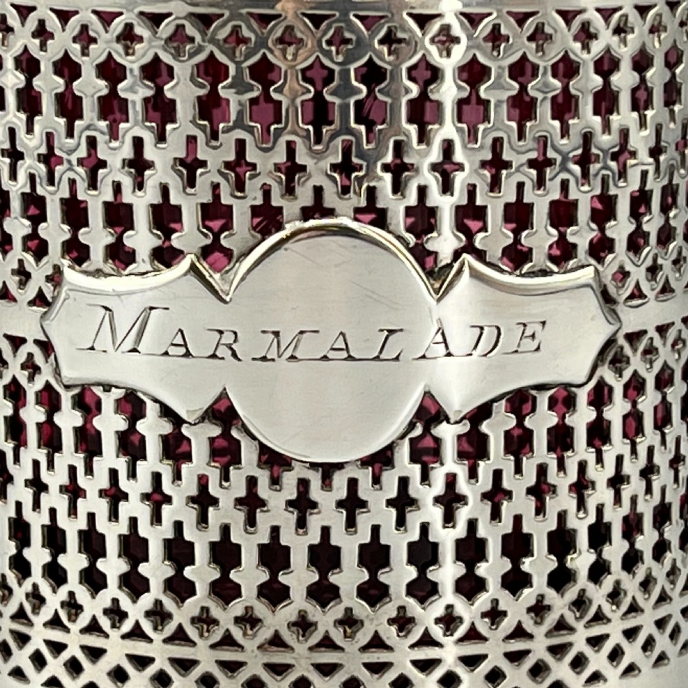 Edwardian Quality Silver Plated Marmalade Preserve Pot with Cranberry Glass Liner View V