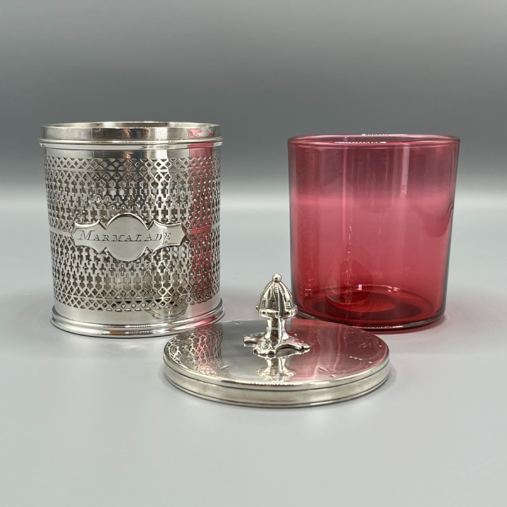 Edwardian Quality Silver Plated Marmalade Preserve Pot with Cranberry Glass Liner View IX