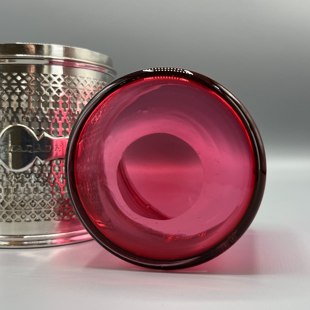 Edwardian Quality Silver Plated Marmalade Preserve Pot with Cranberry Glass Liner View XIV