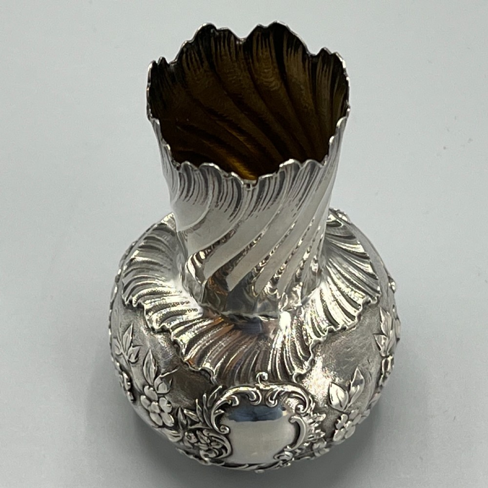 Art Nouveau Silver Plated Foliate Embossed Bud Vase View XV