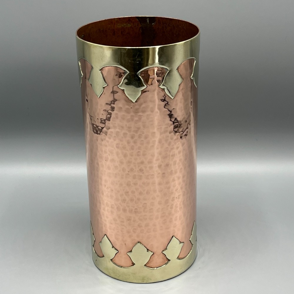 Large Arts & Crafts Copper & Brass Cylindrical Planished Vase