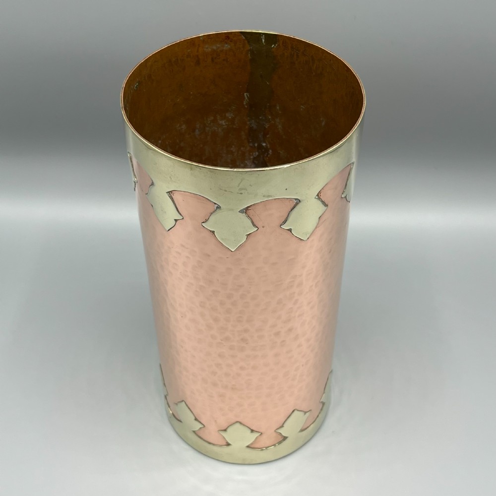Large Arts & Crafts Copper & Brass Cylindrical Planished Vase View II