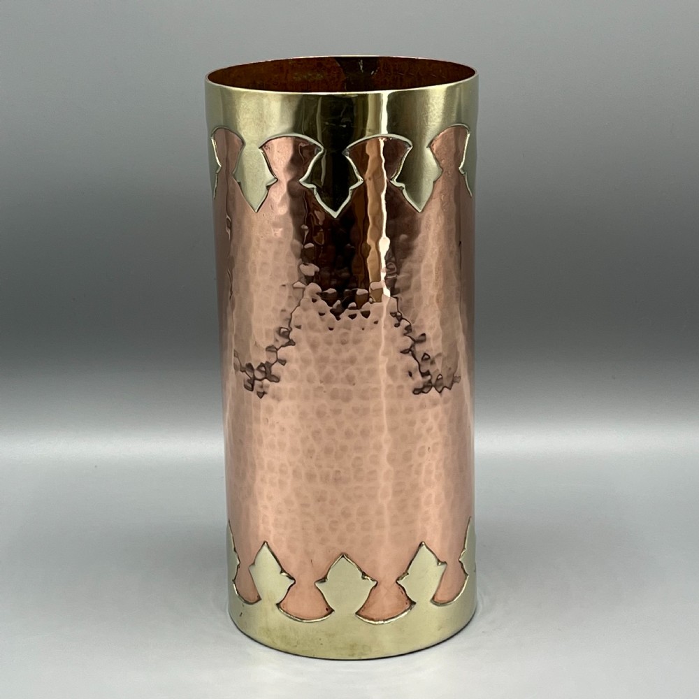 Large Arts & Crafts Copper & Brass Cylindrical Planished Vase View III