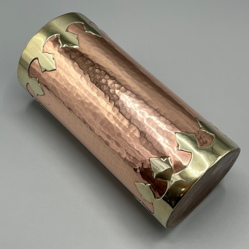 Large Arts & Crafts Copper & Brass Cylindrical Planished Vase View IV