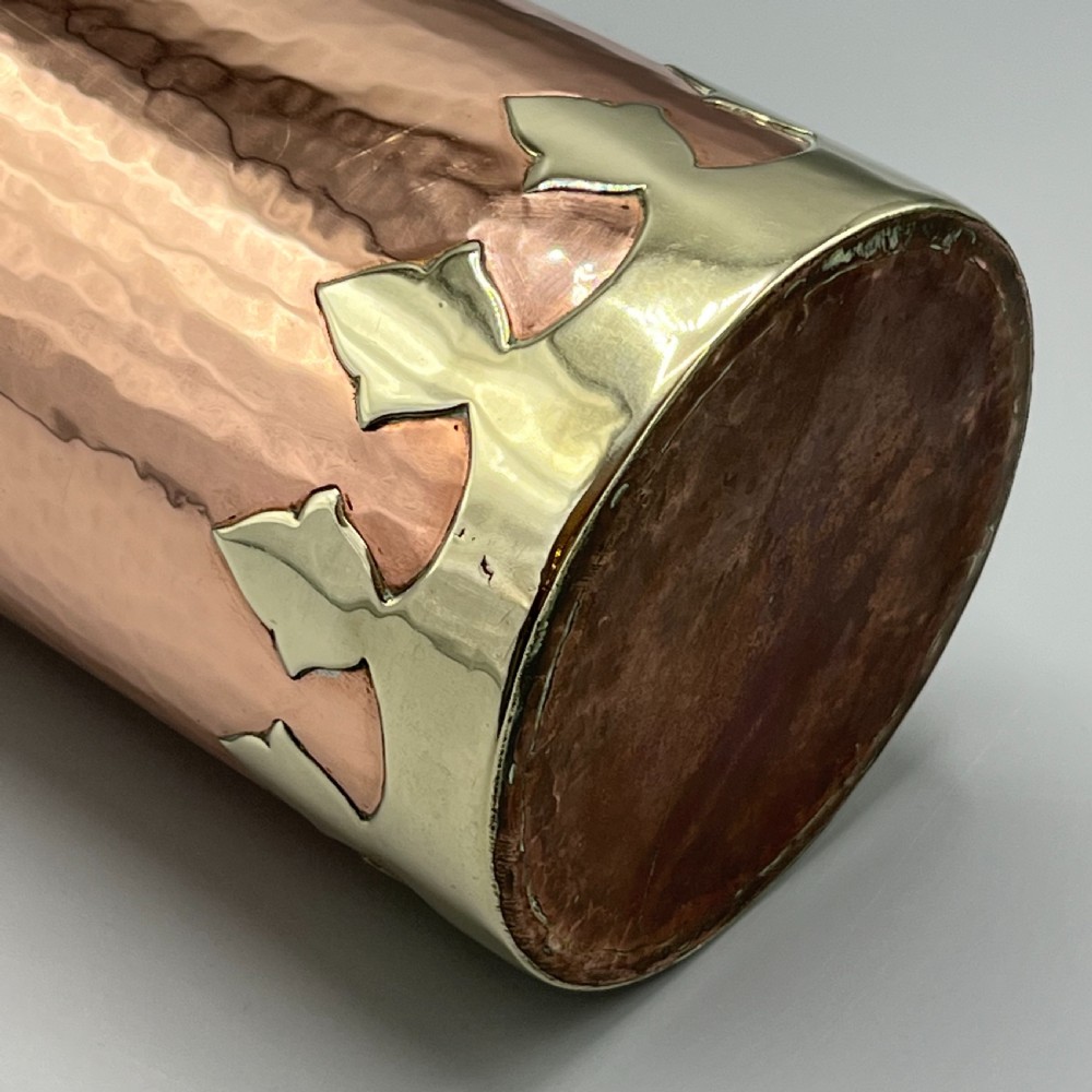 Large Arts & Crafts Copper & Brass Cylindrical Planished Vase View VI