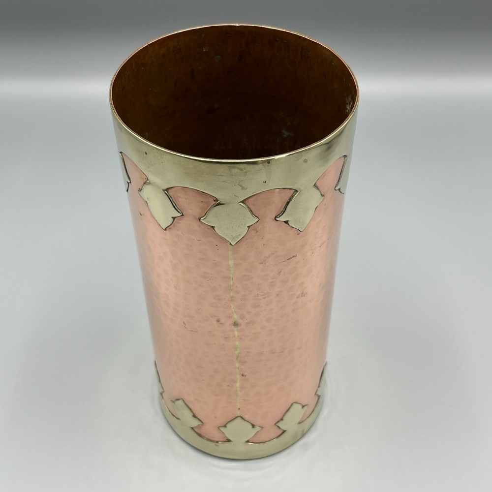 Large Arts & Crafts Copper & Brass Cylindrical Planished Vase View VII