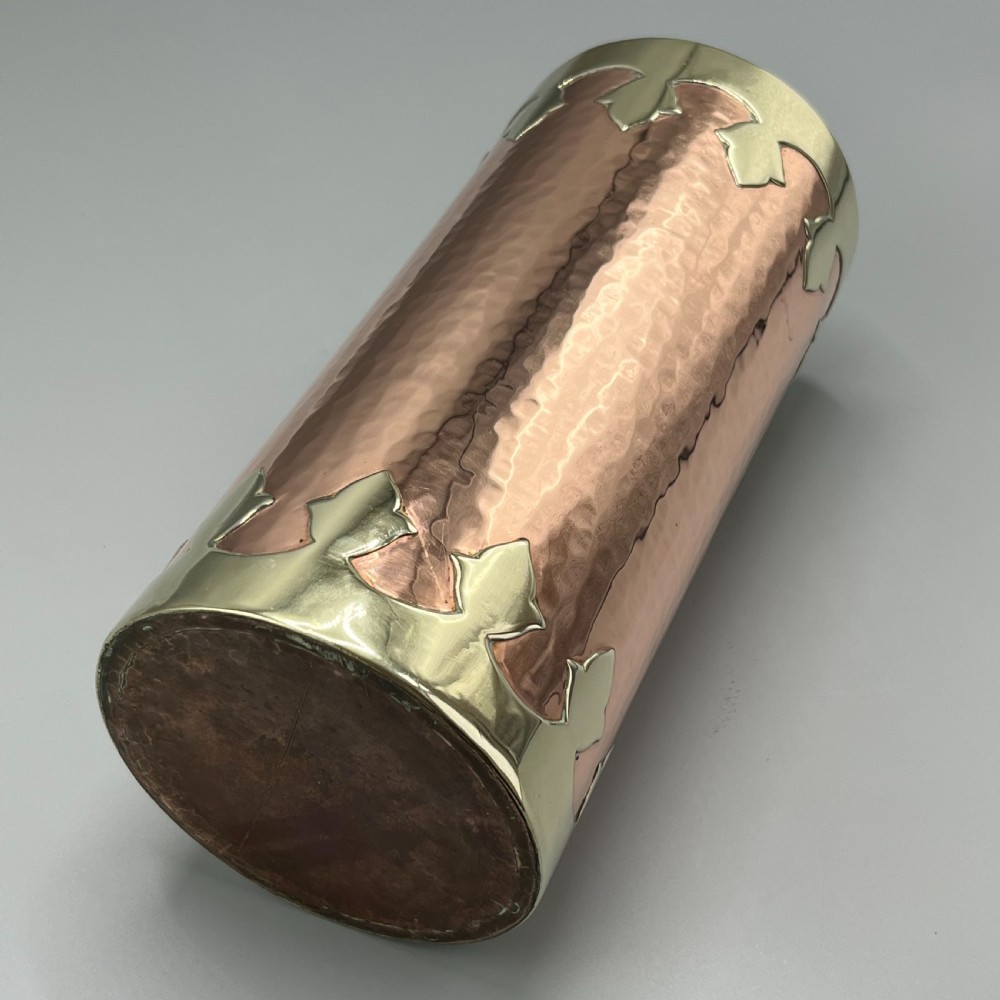 Large Arts & Crafts Copper & Brass Cylindrical Planished Vase View X