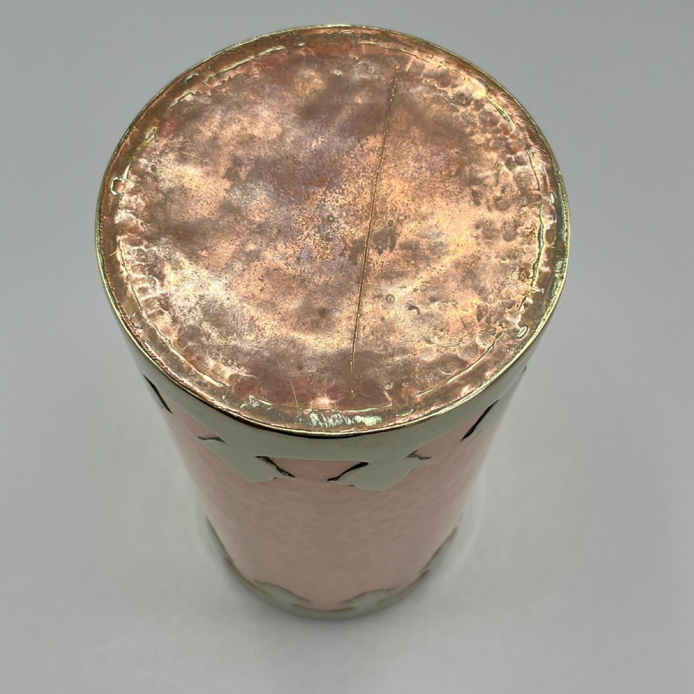 Large Arts & Crafts Copper & Brass Cylindrical Planished Vase View XV