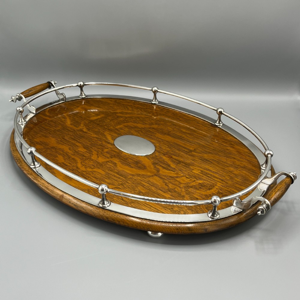 Large Edwardian English Oak & Silver Plated Oval Gallery Tray