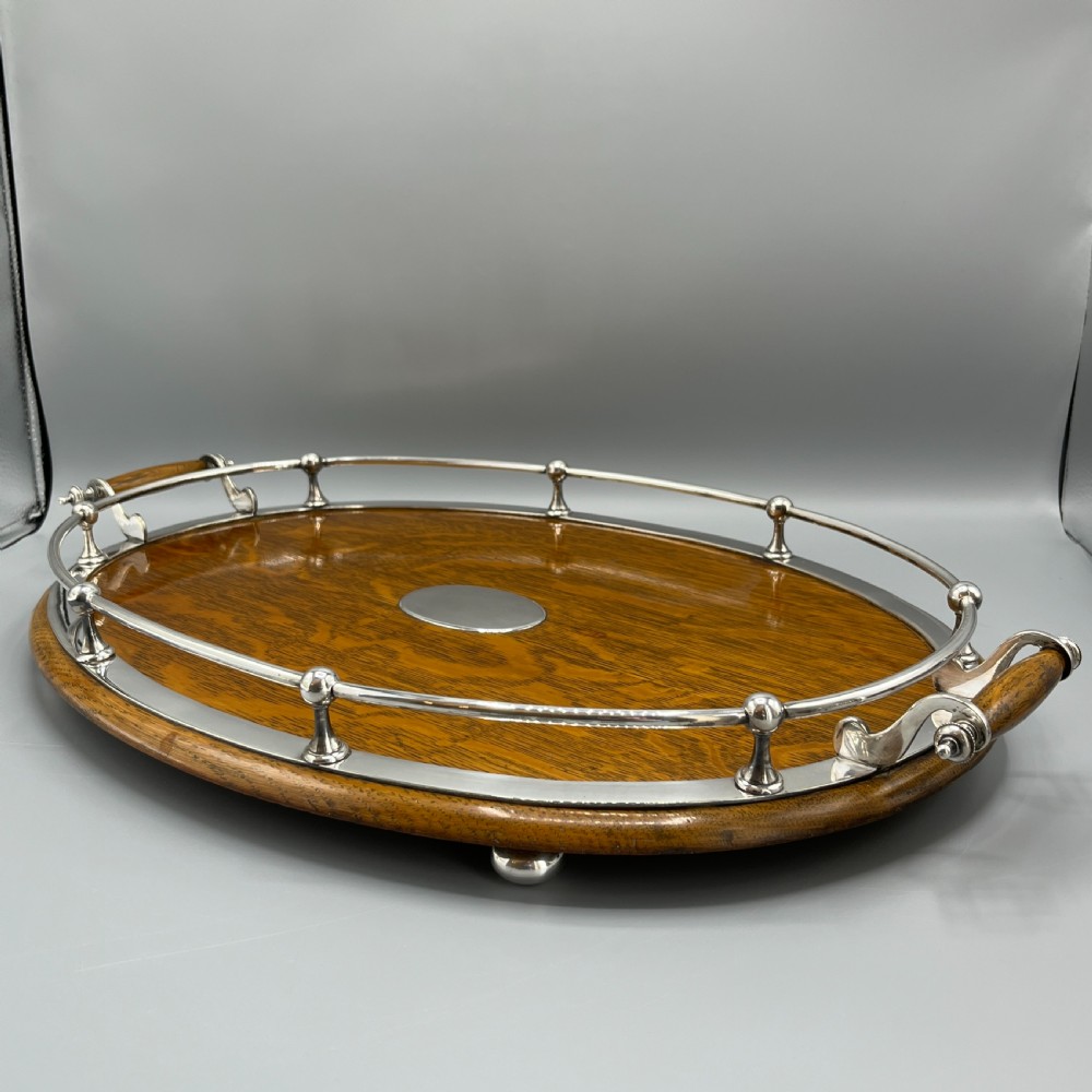 Large Edwardian English Oak & Silver Plated Oval Gallery Tray View II