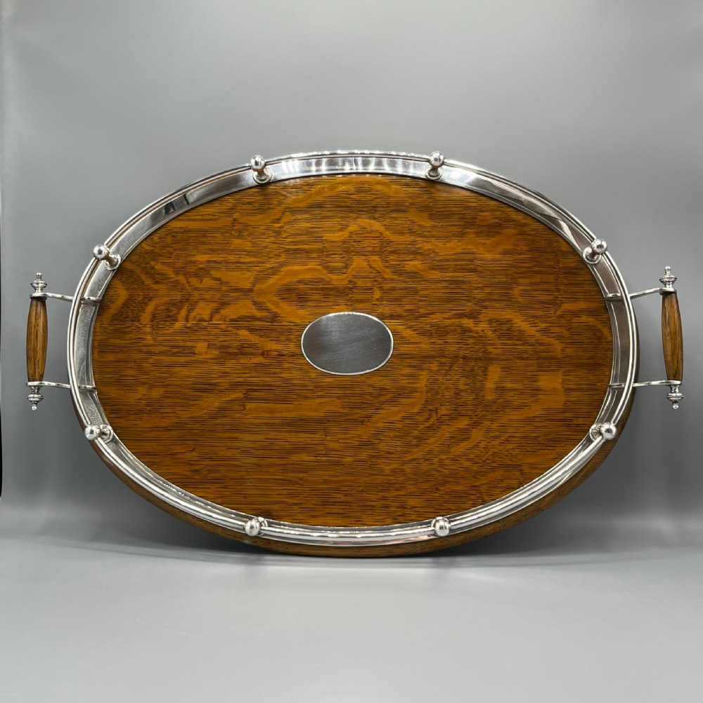 Large Edwardian English Oak & Silver Plated Oval Gallery Tray View III