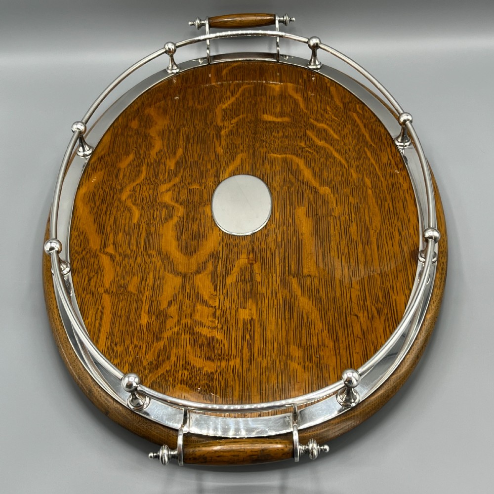 Large Edwardian English Oak & Silver Plated Oval Gallery Tray View IV