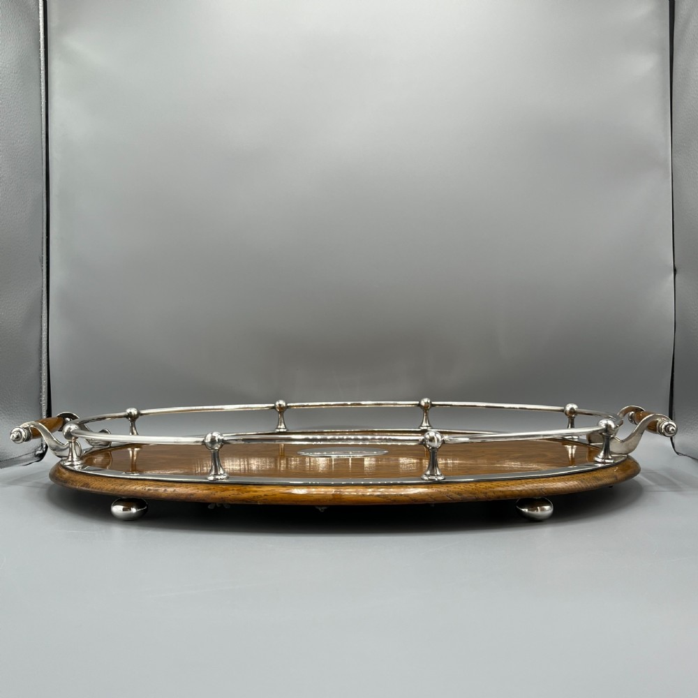 Large Edwardian English Oak & Silver Plated Oval Gallery Tray View V
