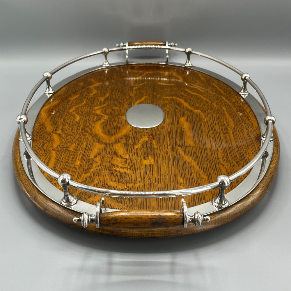 Large Edwardian English Oak & Silver Plated Oval Gallery Tray View VI