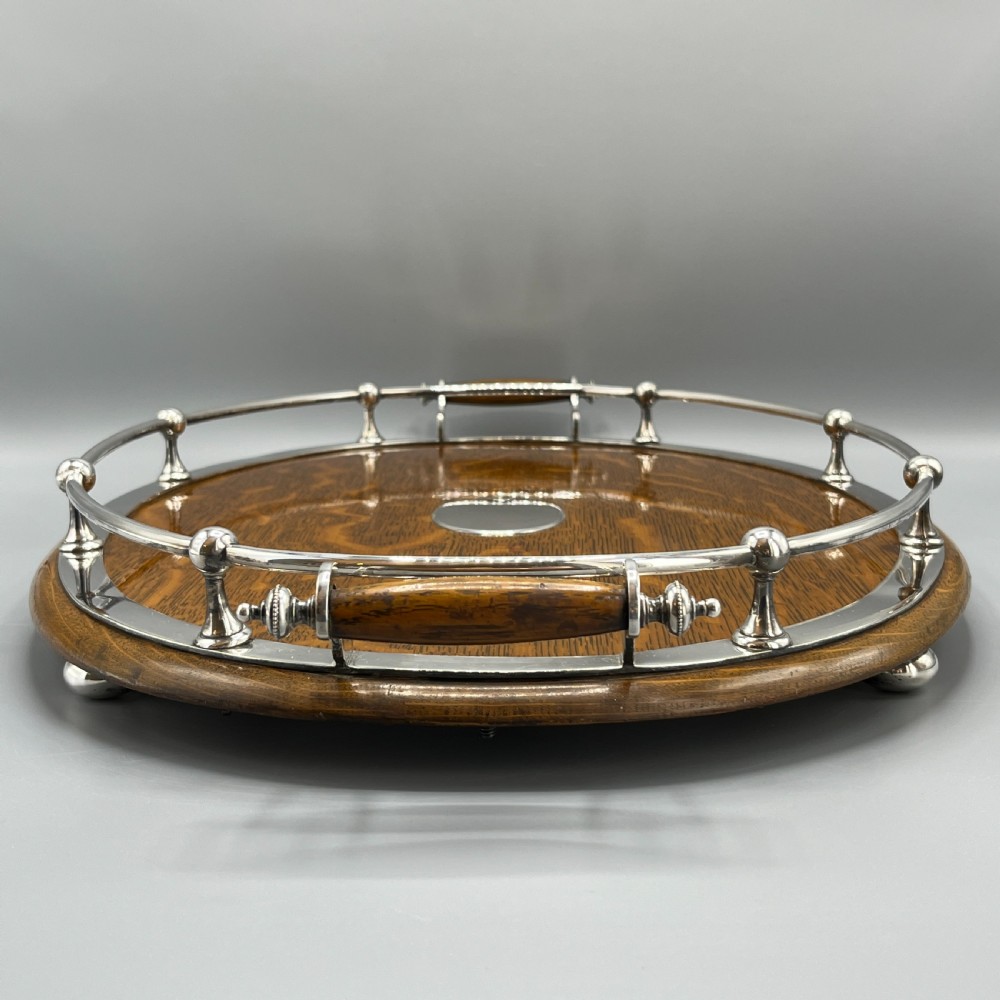 Large Edwardian English Oak & Silver Plated Oval Gallery Tray View VII