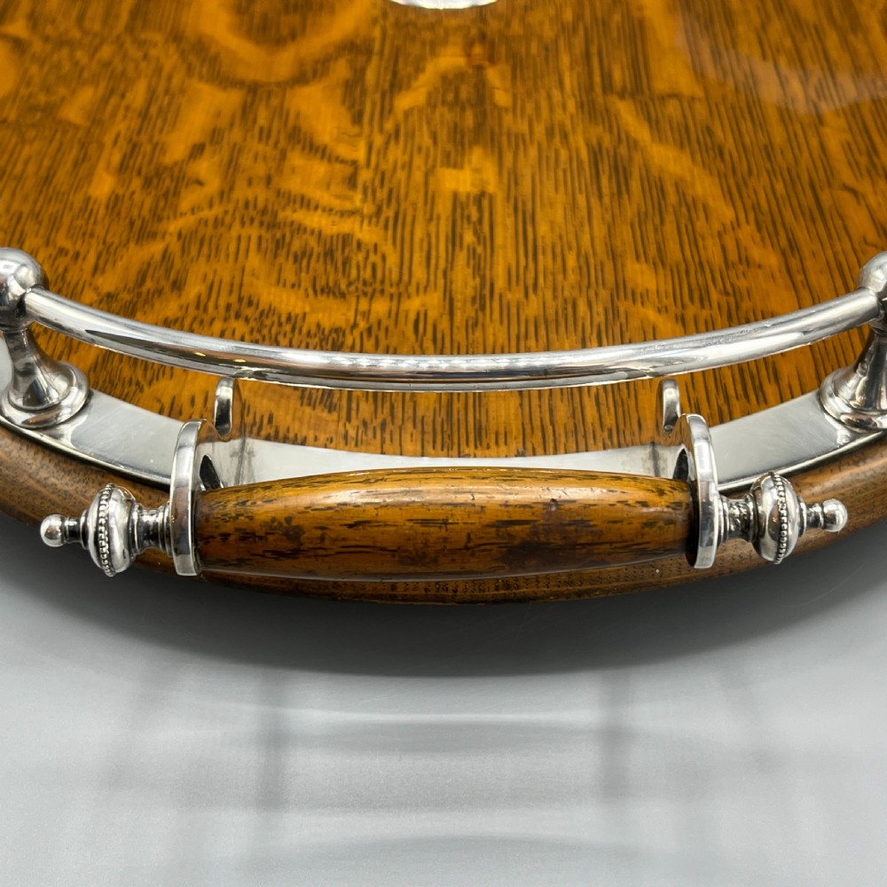 Large Edwardian English Oak & Silver Plated Oval Gallery Tray View X