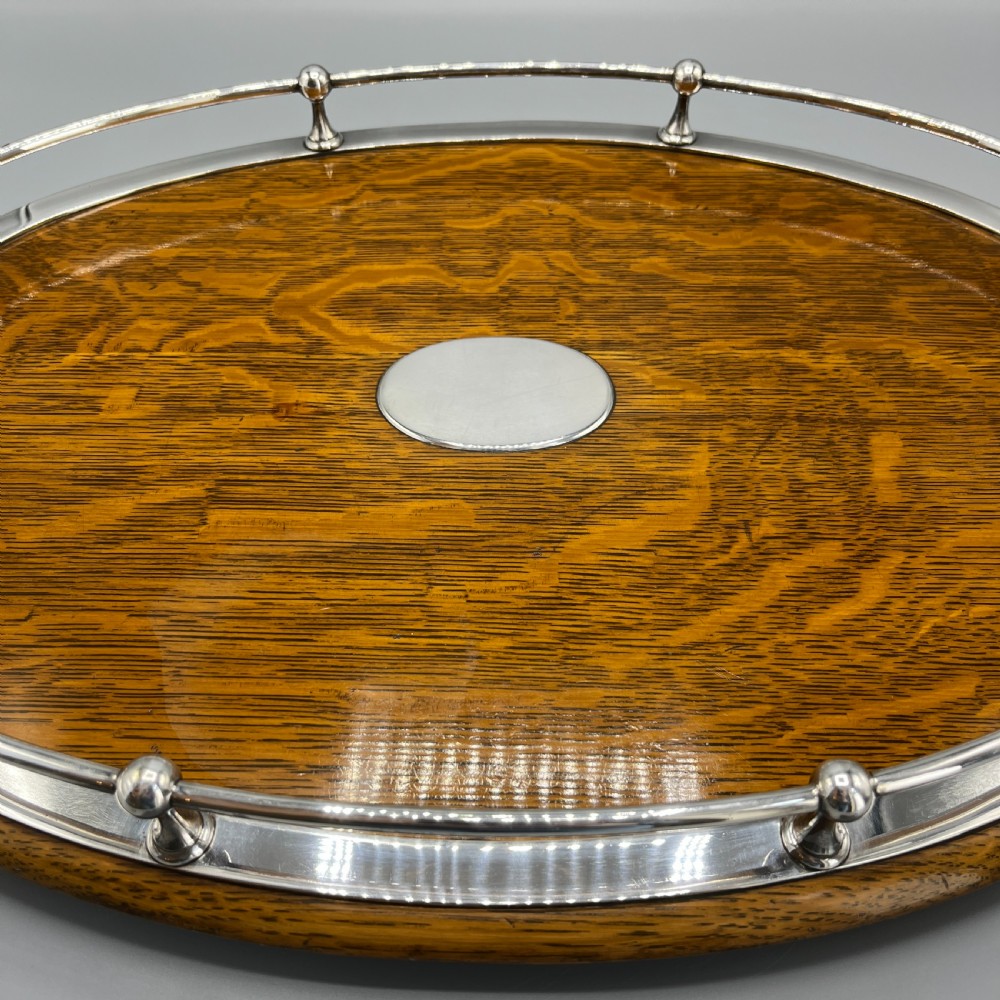 Large Edwardian English Oak & Silver Plated Oval Gallery Tray View XI