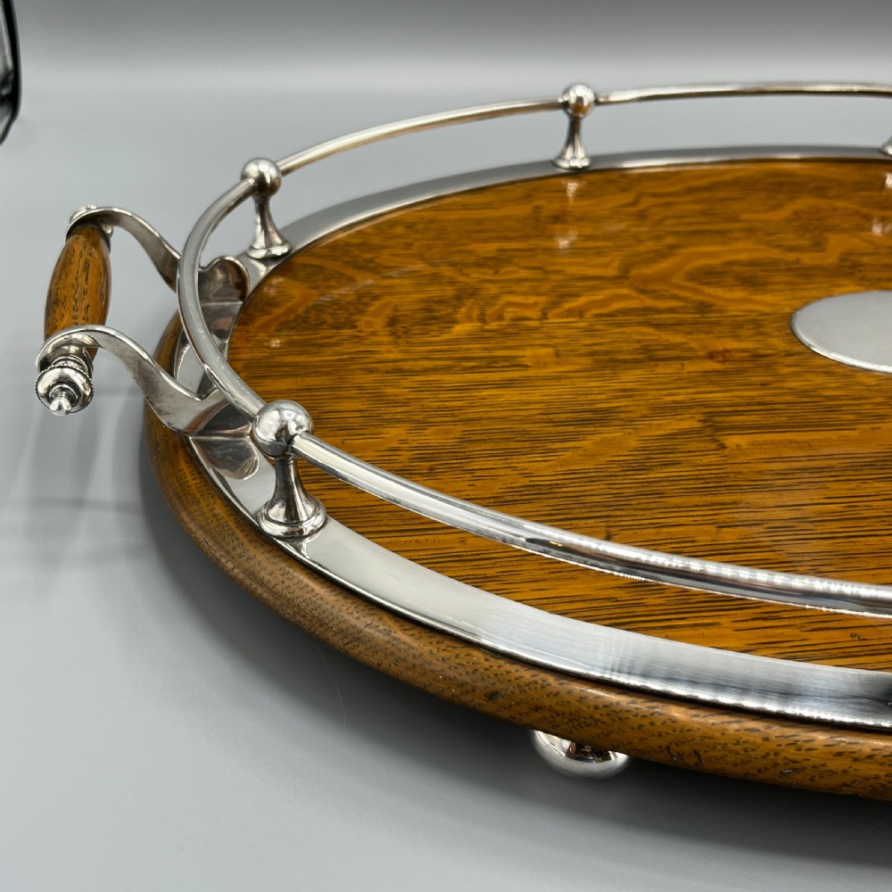 Large Edwardian English Oak & Silver Plated Oval Gallery Tray View XII