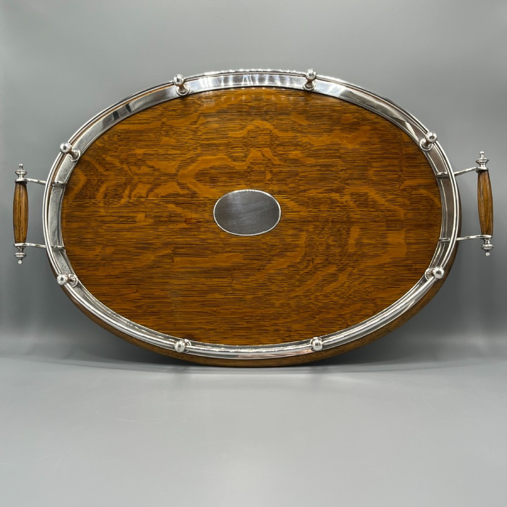 Large Edwardian English Oak & Silver Plated Oval Gallery Tray View XIII