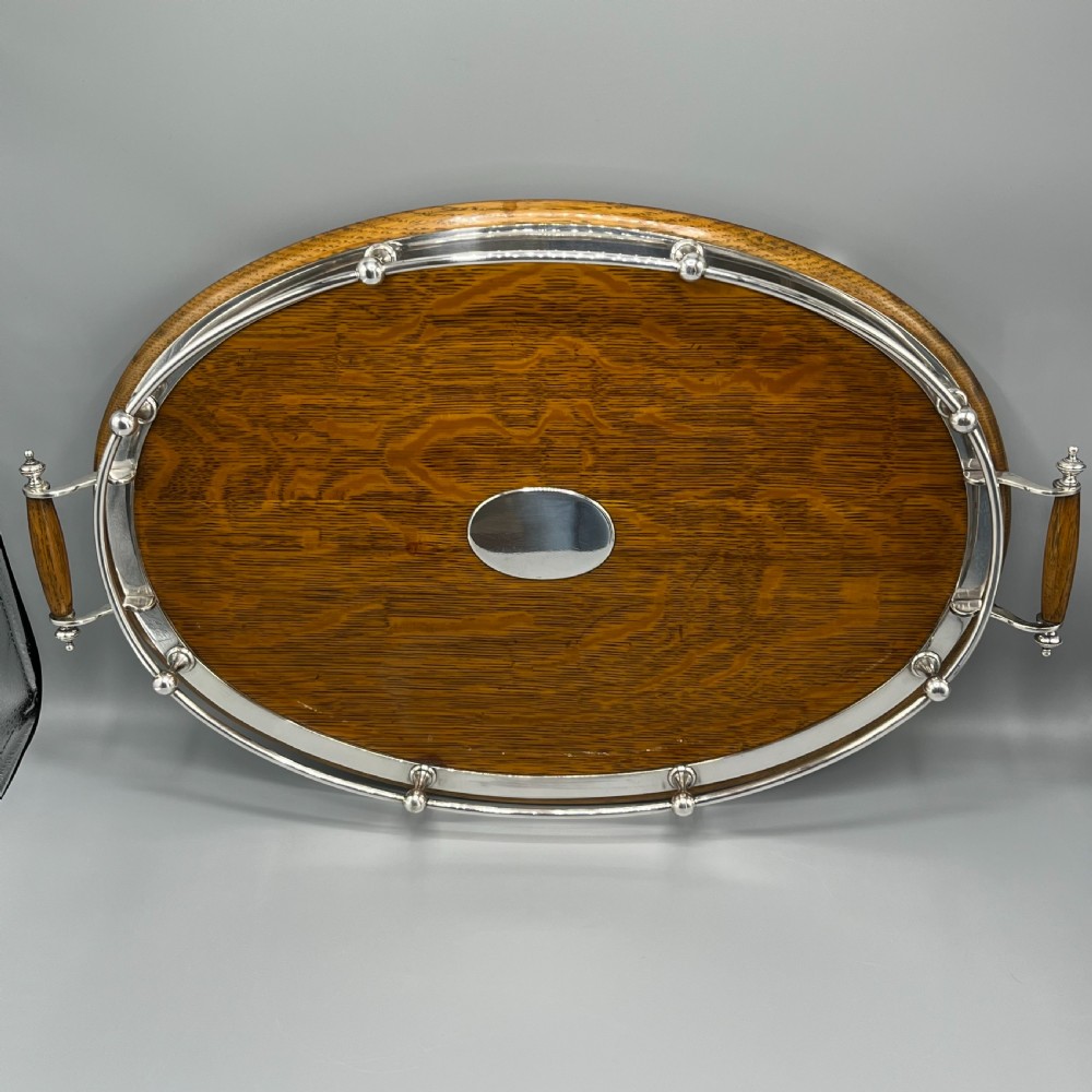 Large Edwardian English Oak & Silver Plated Oval Gallery Tray View XIV