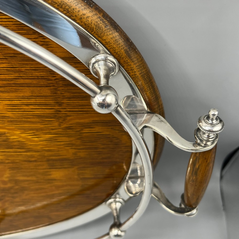 Large Edwardian English Oak & Silver Plated Oval Gallery Tray View XV